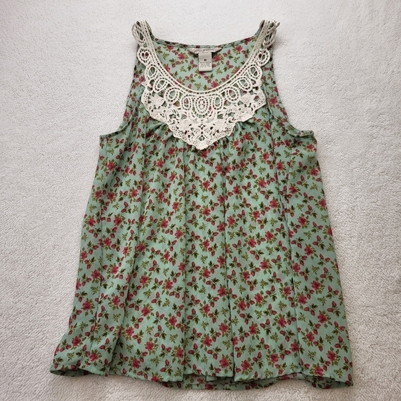 Fun and Flirt Green Floral Tank Top Blouse with Lace Women's Size Medium/M - Picture 1 of 5